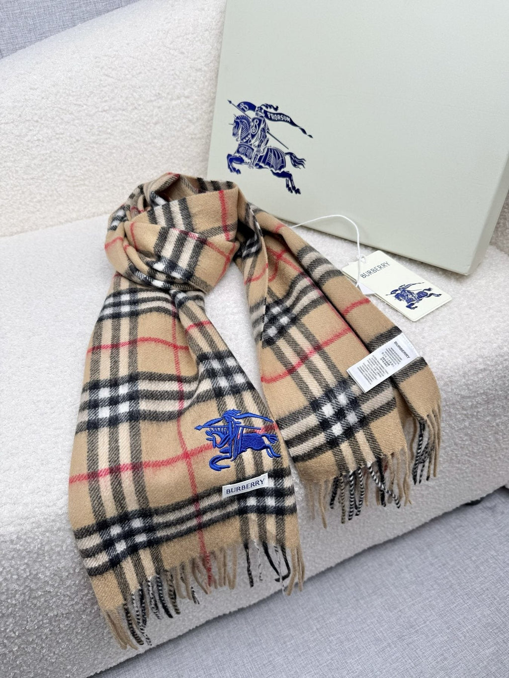 Burberry Beige Plaid Fringe Scarf