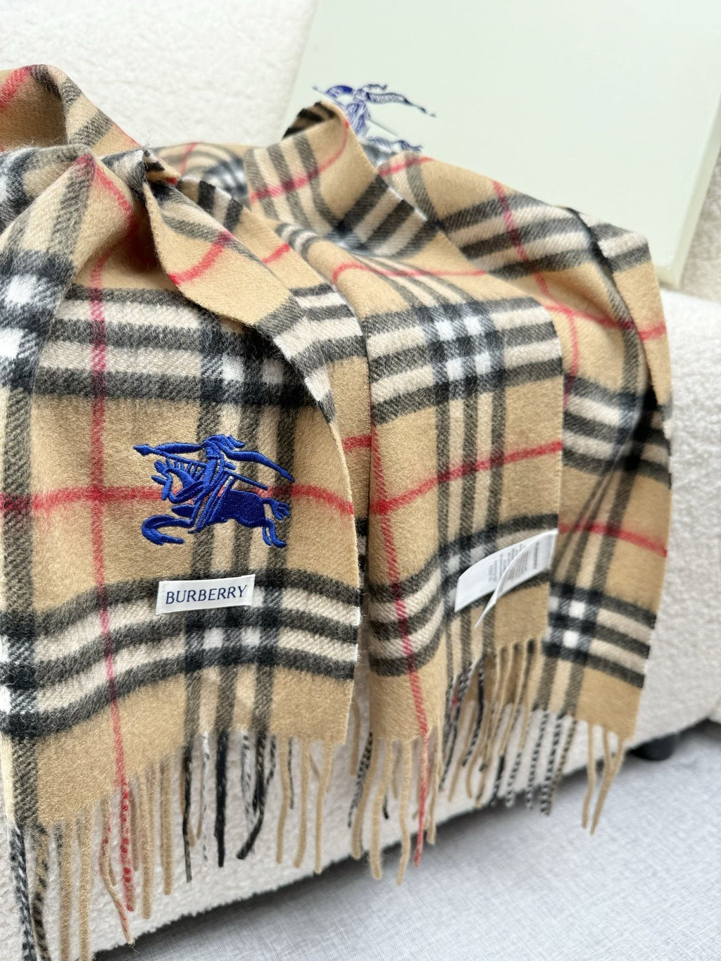 Burberry Beige Plaid Fringe Scarf