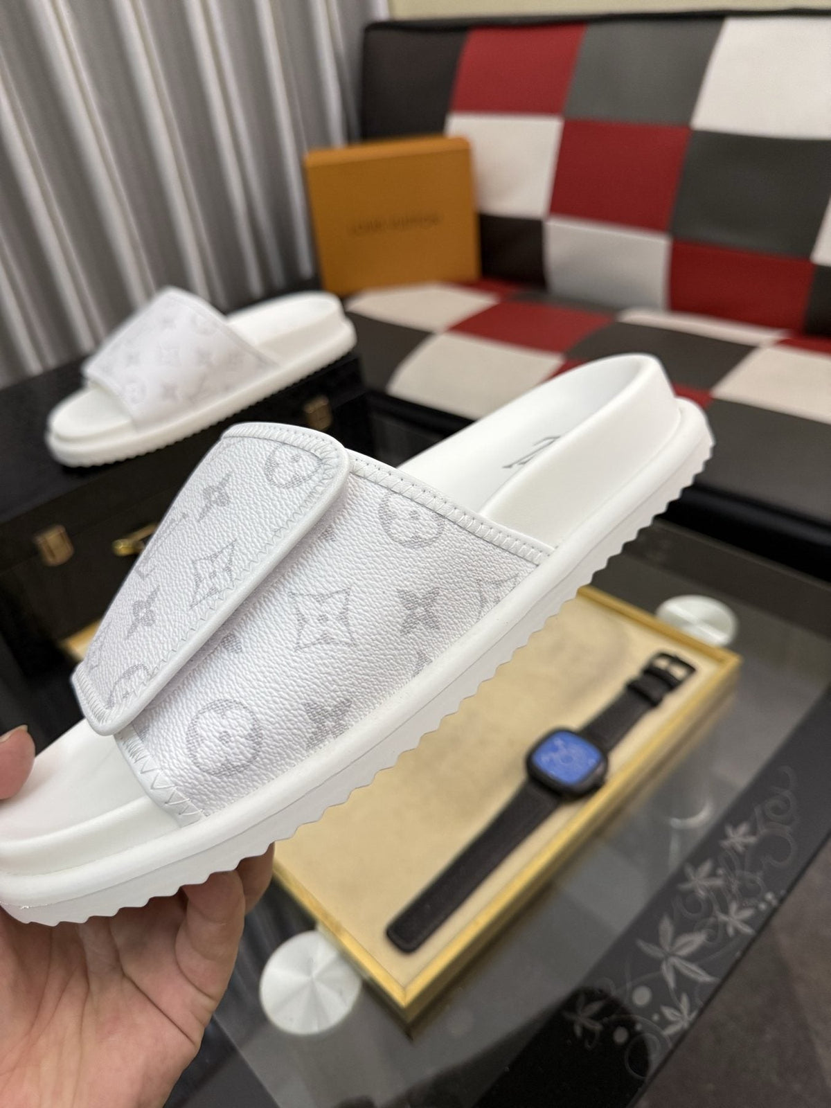 Louis Vuitton Light Gray Monogram Slide Sandals