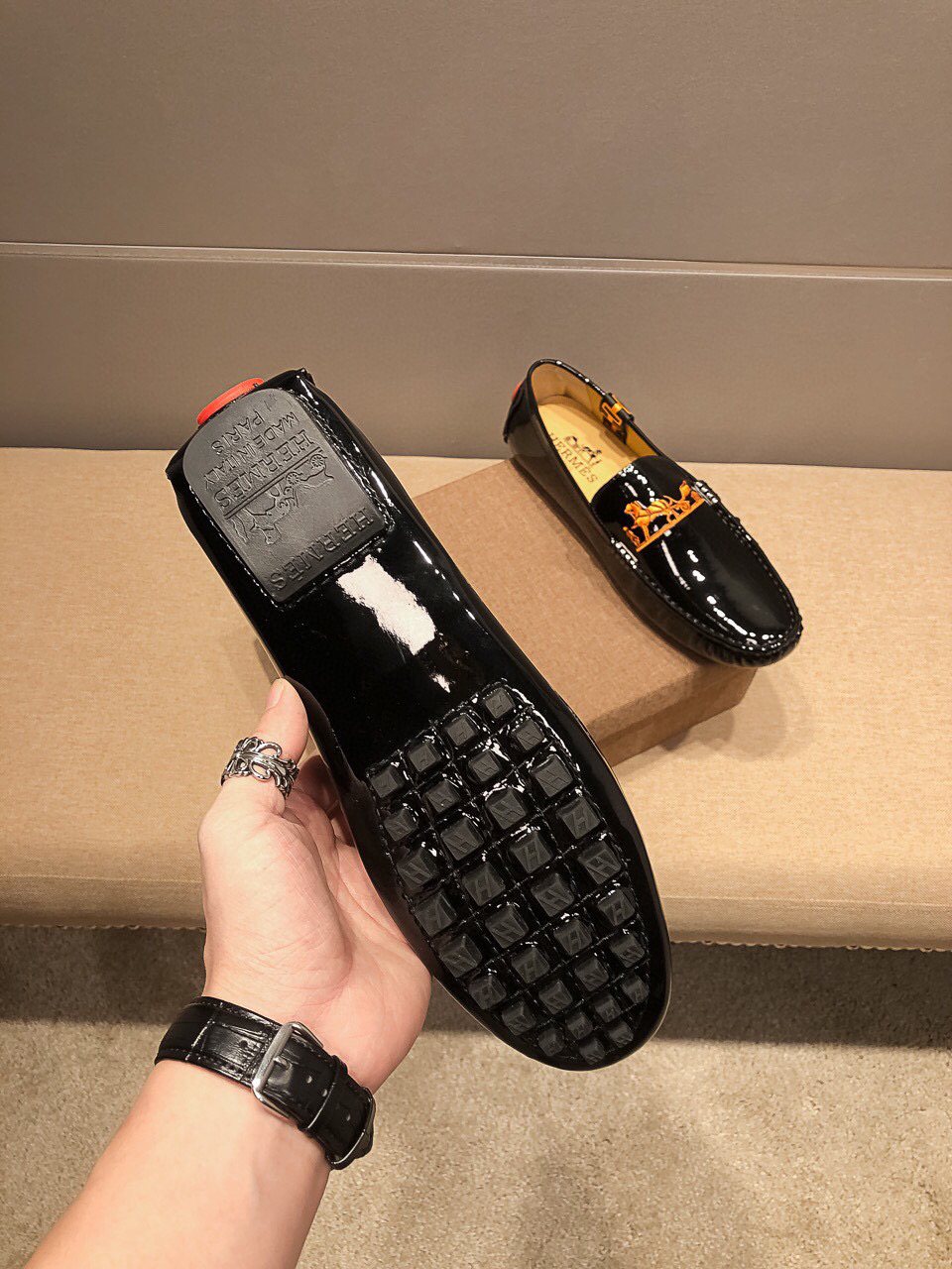 Hermès Black Glossy Hardware Loafers